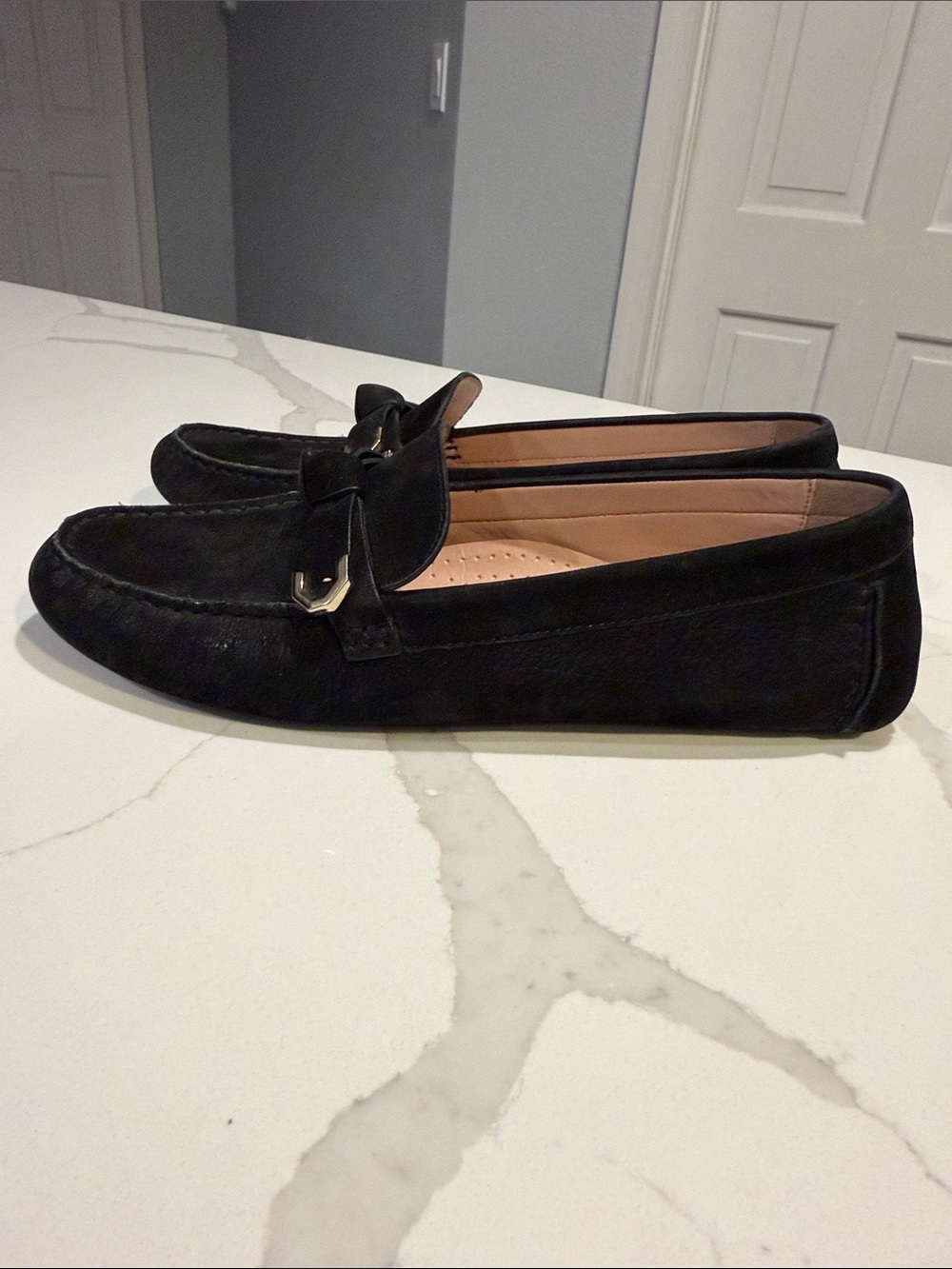 Cole Haan Evelyn Bow Black Suede Slip-On Loafers with Gold Accent - Picture 4 of 10
